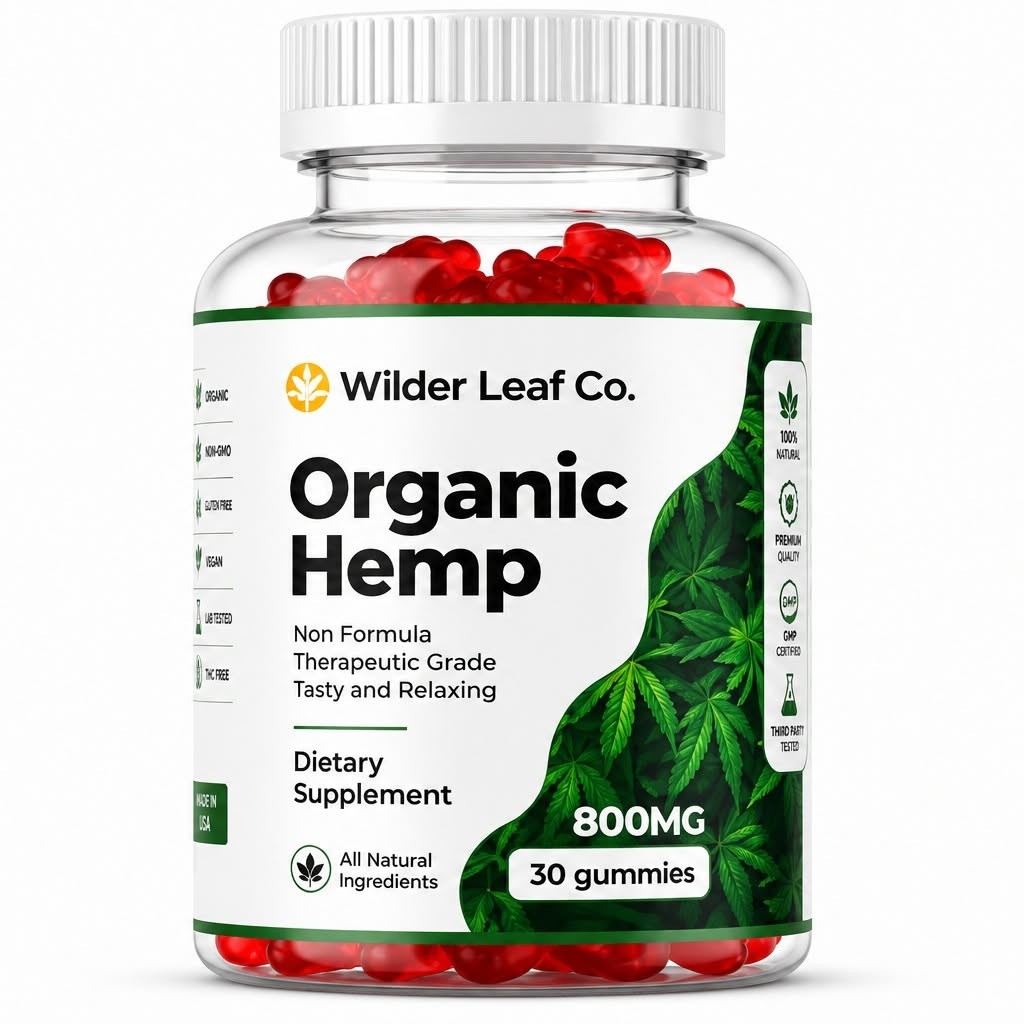 Wilder Leaf Organic Hemp gummy bottle with red gummies