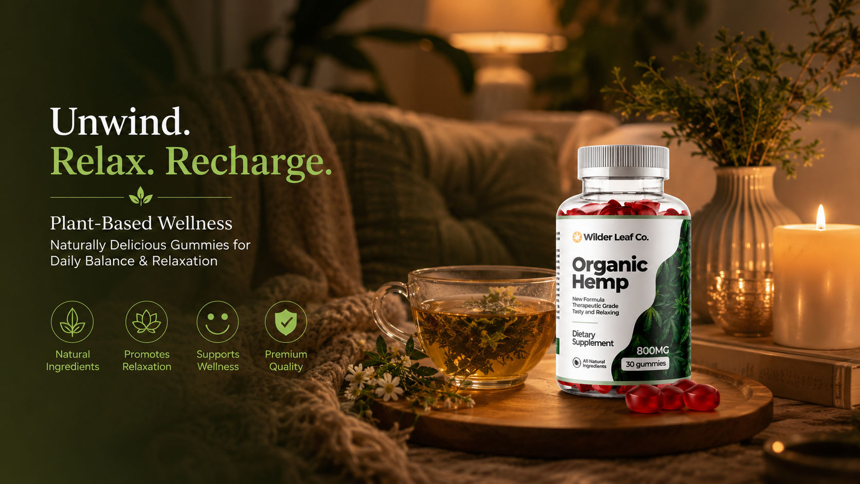 Supplied Wilder Leaf promotional image showing a hemp gummy bottle beside tea and a candle